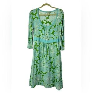 Boden Mod 3/4 Sleeve Sweater Dress Blue Green Retro Floral Boho Sz 12L LONG